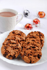 Chocolate cookies, Healthy Food Snack Concept. Baked Sweet Biscuits at the tea time, Copy space