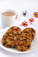 Chocolate cookies, Healthy Food Snack Concept. Baked Sweet Biscuits at the tea time, Copy space