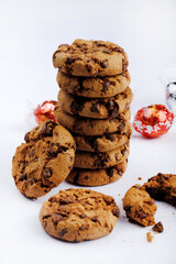 Chocolate cookies, Healthy Food Snack Concept. Baked Sweet Biscuits at the tea time, Copy space