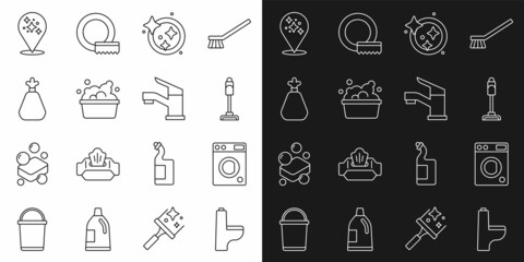 Set line Toilet bowl, Washer, Vacuum cleaner, Washing dishes, Basin with soap suds, Garbage bag, Home cleaning service and Water tap icon. Vector