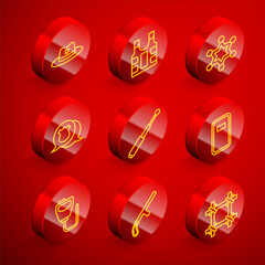 Set line Sheriff hat with badge, Bulletproof vest, Hexagram sheriff, Police, Telescopic baton, assault shield, Walkie talkie and rubber icon. Vector