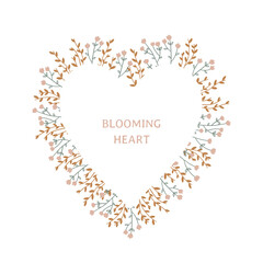 Hand drawn floral heart with romantic message isolated on white. Blooming heart frame for Valentines Day, Mothers Day and holidays. Botanical illustration with charming flowers. Spring vector frame