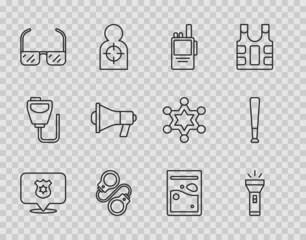 Set line Police badge, Flashlight, Walkie talkie, Handcuffs, Safety goggle glasses, Megaphone, Plastic bag of drug and Baseball bat icon. Vector