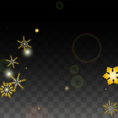 Christmas Vector Background with Gold Falling Snowflakes Isolated on Transparent Background. Realistic Snow Sparkle Pattern. Snowfall Overlay Print. Winter Sky. Design for Party Invitation.