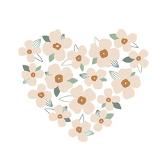 Hand drawn floral heart isolated on white. Botanical romantic symbol for Valentines Day and Mothers Day. Vector heart shape with blooming flowers and leaves. Charming summer illustration