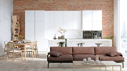 Modern stylish kitchen interior, room with wooden floor, table and sofa. 3D rendering