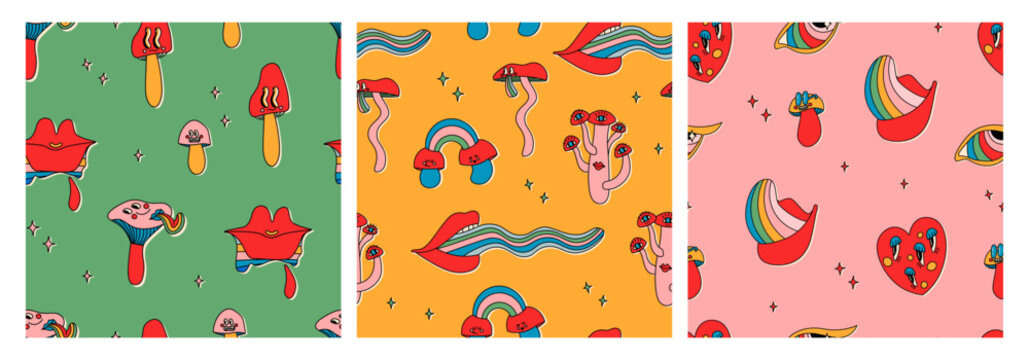 Set of seamless patterns of classic psychedelic cartoon mushrooms with faces, eyes, tongues and cheeks. Cute vector multicolor repeating elements.