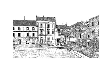 Fototapeta na wymiar Building view with landmark of Makarska is the city in Croatia. Hand drawn sketch illustration in vector.