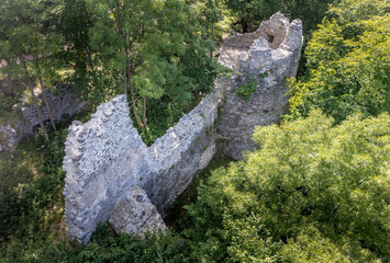 Aerial view of Lakatos bastion in medieval castle ruin Szadvar in Szogliget Hungary