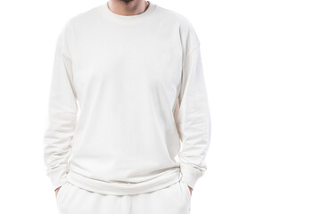 Man wearing white long-sleeved t-shirt with empty space for design