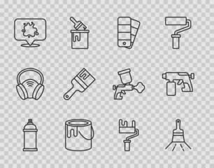 Set line Paint spray can, brush, Color palette guide, bucket, roller and gun icon. Vector