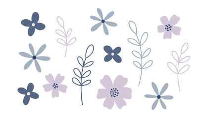 Big collection with blooming flowers, branches and leaves in flat style isolated on white. Botanical set for prints, cards and posters. Charming floral elements. Hand drawn cute vector illustration