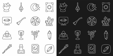 Set line Magic stone, Moon and stars, Witches broom, ball and Pentagram in circle icon. Vector