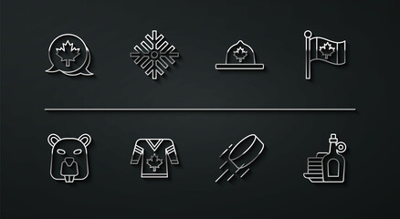Set line Canadian maple leaf, Beaver animal, Flag of Canada, Hockey puck, jersey, Snowflake, Syrup with pancakes and ranger hat icon. Vector