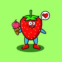 Cute Cartoon strawberry mascot holding ice cream cone cute modern style design for t-shirt, sticker, logo element