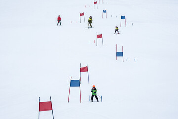 Fototapeta na wymiar Ski gates for slalom with skiers and skiing children learning
