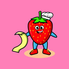 Cute cartoon strawberry chef mascot character with menu in hand cute modern style design for t-shirt, sticker, logo elements