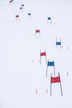 Blue and red ski gates for slalom