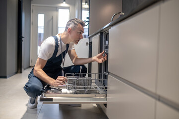 Man squatting peeking into dishwasher in kitchen