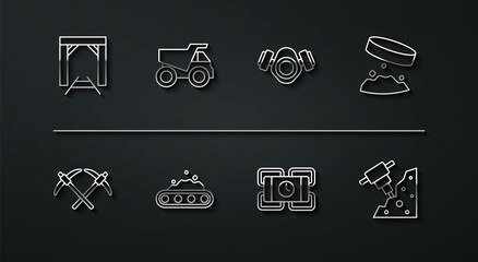 Set line Mine entrance, Pickaxe, Giant magnet holding iron dust, Dynamite, Conveyor belt carrying coal, Mining dump truck, Construction jackhammer and Gas mask icon. Vector © Kostiantyn