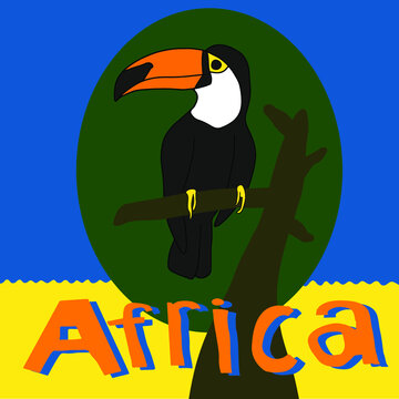 Lettering Africa with cartoon toucan sitting on a tree image on yellow blue background