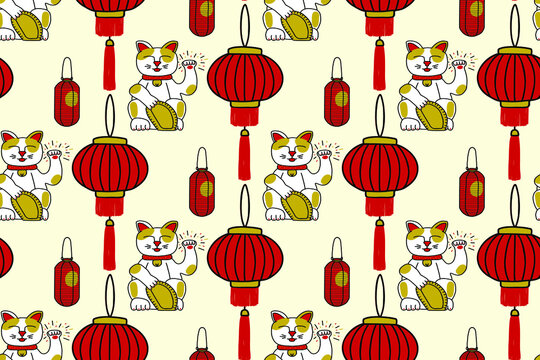 Pattern including Maneki Neko with red chinese lanterns