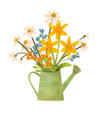 Cute spring summer bouquet of wild or garden Chamomile flowers with a watering can © Olga