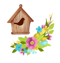 Beautiful spring Easter floral set with a cute wooden birdhouse isolated on white background