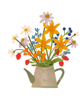 Cute bright teapot with bouquet of wild and garden flowers and strawberries