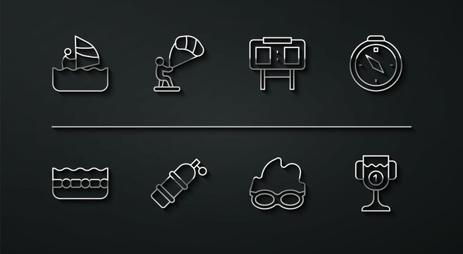 Set line Windsurfing, Swimming pool, Compass, Glasses for swimming, Aqualung, Kitesurfing, Award cup and Sport mechanical scoreboard icon. Vector