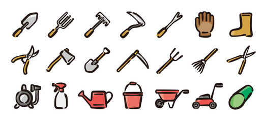 Gardening tool icon set for graphic (Hand-drawn line, colored version)