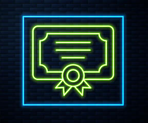 Glowing neon line Certificate template icon isolated on brick wall background. Achievement, award, degree, grant, diploma concepts. Vector