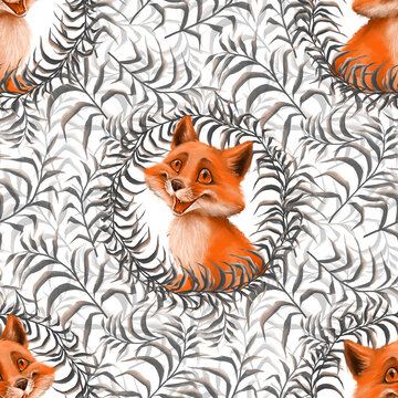 Floral seamless pattern with cute fox. Decorative background
