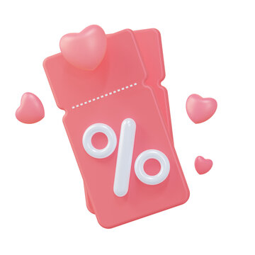 3D Coupons for discounts or services. Pink coupon with flying hearts. 3d rendering