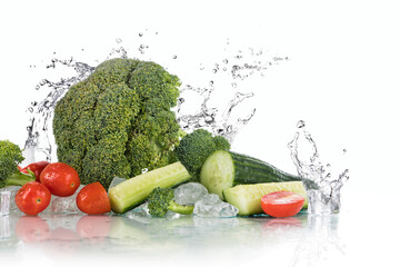 Vegetables water splash on a white background with ice cubes and crushed ice