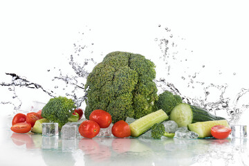 Vegetables water splash on a white background with ice cubes and crushed ice