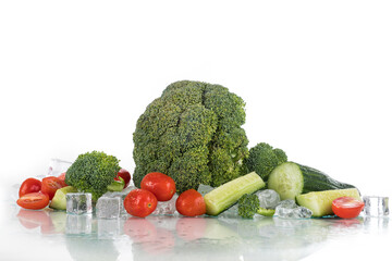 Vegetables on a white background with ice cubes and crushed ice
