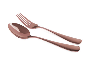New shiny fork and spoon on white background
