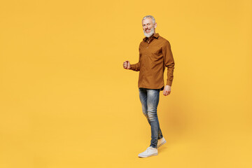 Full size body length excited charismatic fun elderly gray-haired bearded man 40s years old wears...
