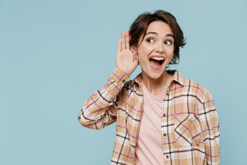 Young fun curious nosy woman 20s wearing casual brown shirt try to hear you overhear listening...