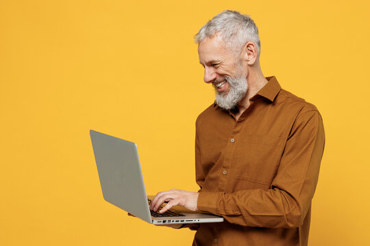 Smart Smiling Amazing Elderly Gray-haired Bearded Man 40s Years Old Wears Brown Shirt Hold Use Work On Laptop Pc Computer Typing Texting Searching Isolated On Plain Yellow Background Studio Portrait.