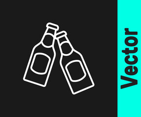 White line Beer bottle icon isolated on black background. Vector