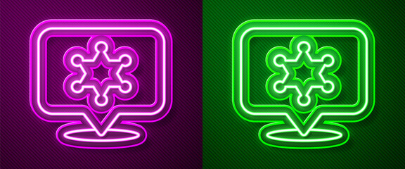 Glowing neon line Hexagram sheriff icon isolated on purple and green background. Police badge icon. Vector