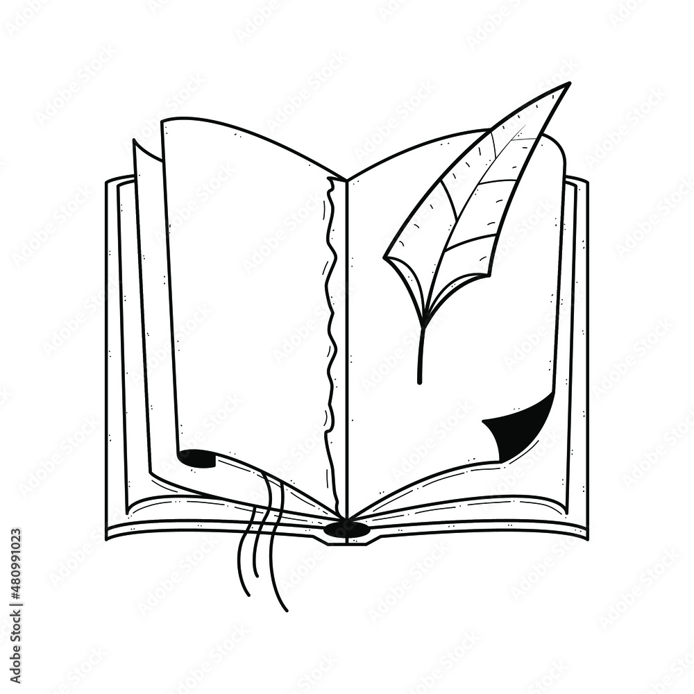 Aufkleber abstract black simple line open book with feather doodle outline element vector design style sketch 