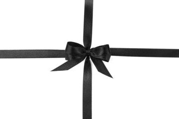 Elegant black ribbon with bow isolated on white, top view