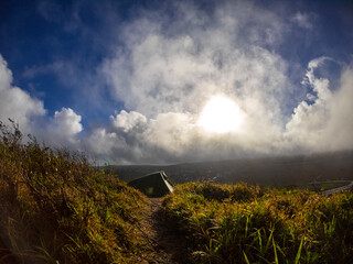 View of a camping tent on 'Deux Mamelles' mountain during the morning at Beau Bois, Mauritius	