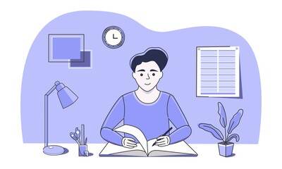 The guy makes entries in the diary. Caricature in trendy style. Office. Home. Job. Education. Courses. Freelance. School. University. institute. Used for websites and banners.