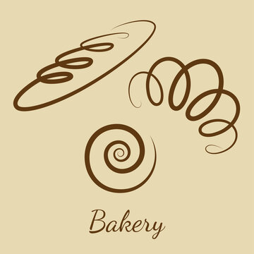 Vector set of pastries, brown on a beige background. For cafes, restaurants, menus. Whole grain bread, croissant, bun.