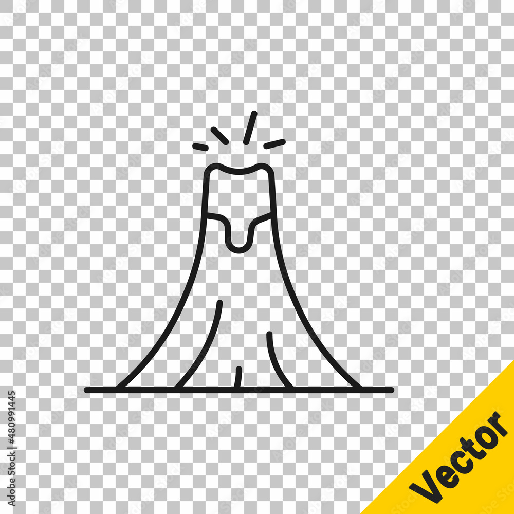 Poster black line volcano eruption with lava icon isolated on transparent background. vector