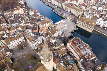 Aerial view of Zurich old town along the Limmat river in winter in Switzerland largest city